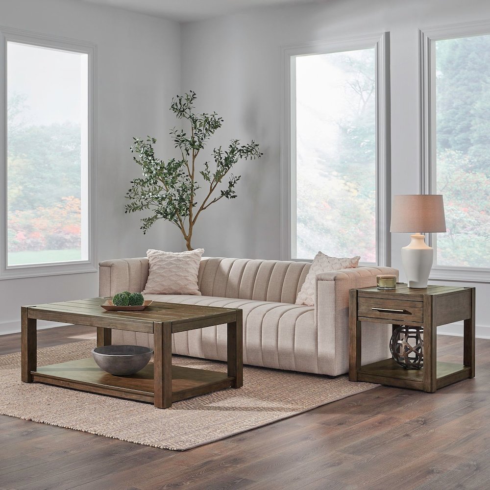 3 Piece Set - Rectangular Cocktail Table, 2 End Tables - Cobblestone Brown