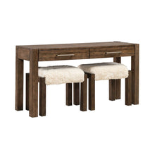 3 Piece Set - Console Bar Table, 2 Upholstered Ottoman Stools Cobblestone Brown