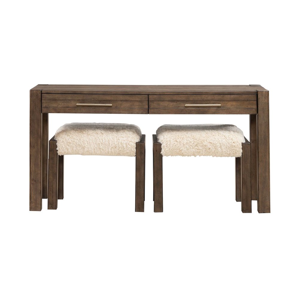 3 Piece Set - Console Bar Table, 2 Upholstered Ottoman Stools Cobblestone Brown