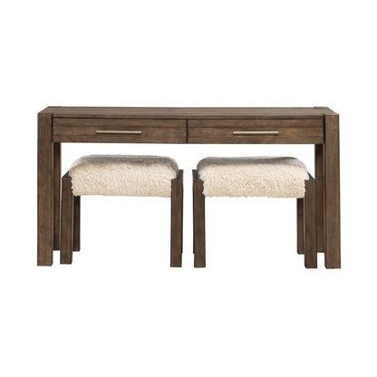 3 Piece Set - Console Bar Table, 2 Upholstered Ottoman Stools Cobblestone Brown