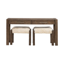3 Piece Set - Console Bar Table, 2 Upholstered Ottoman Stools Cobblestone Brown