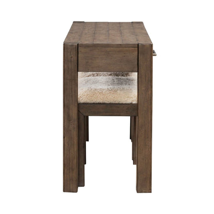 3 Piece Set - Console Bar Table, 2 Upholstered Ottoman Stools Cobblestone Brown