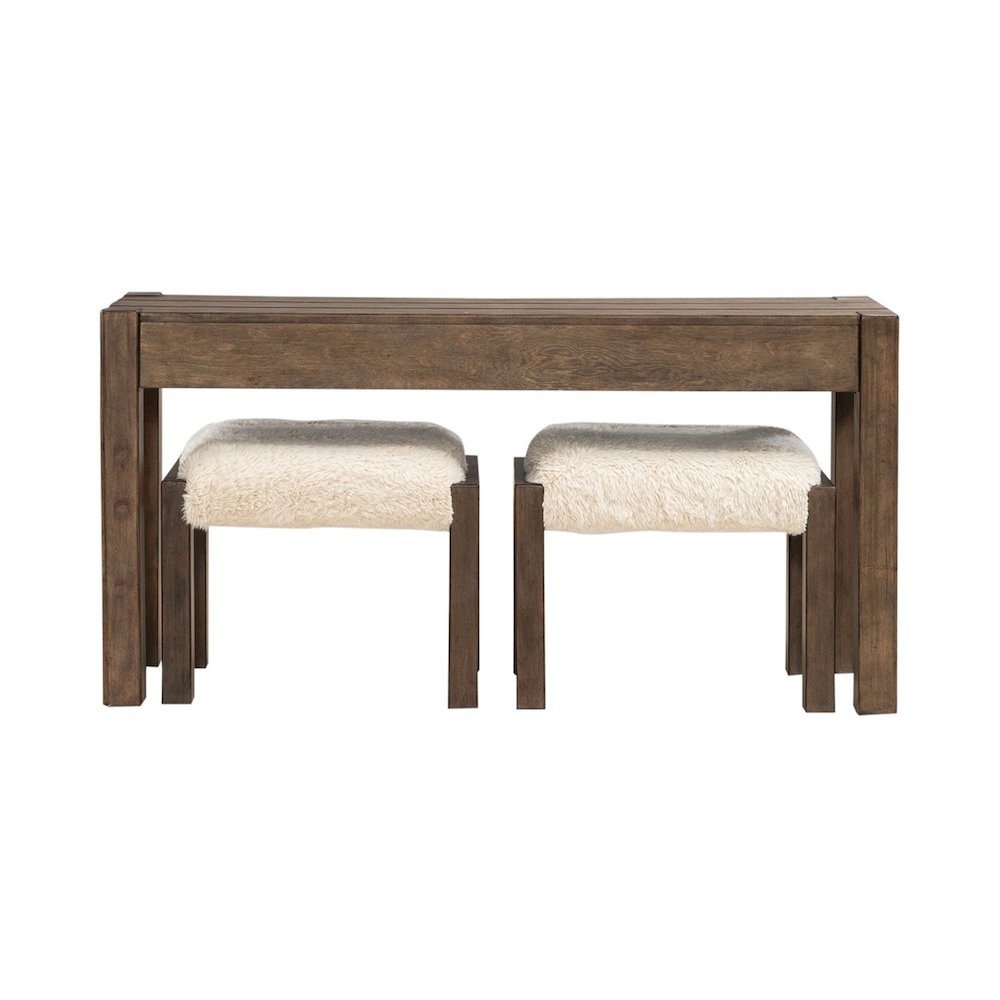 3 Piece Set - Console Bar Table, 2 Upholstered Ottoman Stools Cobblestone Brown