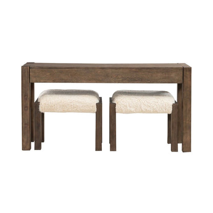 3 Piece Set - Console Bar Table, 2 Upholstered Ottoman Stools Cobblestone Brown