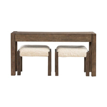 3 Piece Set - Console Bar Table, 2 Upholstered Ottoman Stools Cobblestone Brown