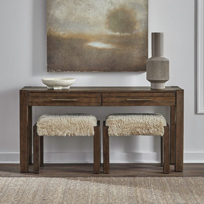 3 Piece Set - Console Bar Table, 2 Upholstered Ottoman Stools Cobblestone Brown