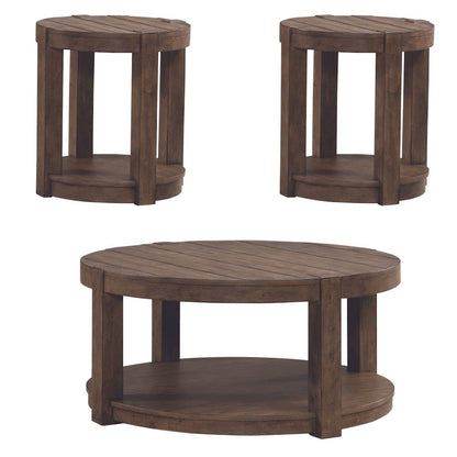 3 Piece Set - Round Cocktail Table, 2 End Tables Cobblestone Brown