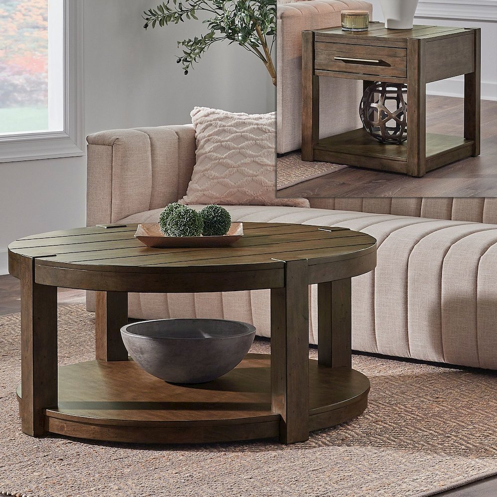 3 Piece Set - Round Cocktail Table, 2 End Tables Cobblestone Brown