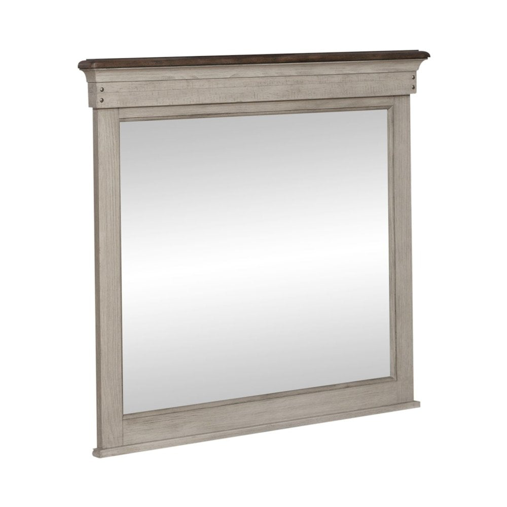 Landscape Mirror Farmhouse White in Weathered Linen Finish w/ Dusty Taupe Tops