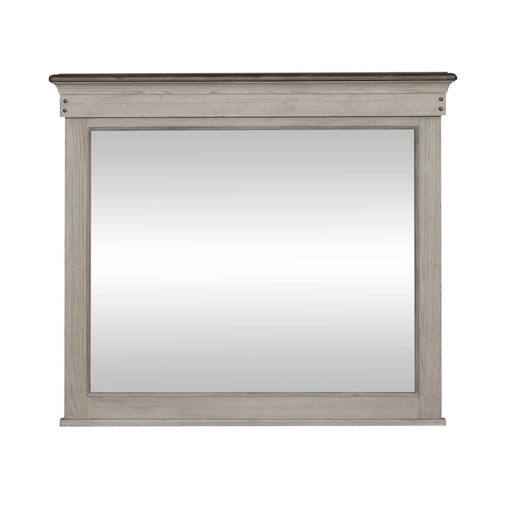 Landscape Mirror Farmhouse White in Weathered Linen Finish w/ Dusty Taupe Tops