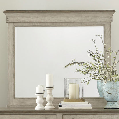 Landscape Mirror Farmhouse White in Weathered Linen Finish w/ Dusty Taupe Tops