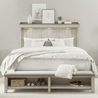 Ivy Hollow King Mantle Storage Bed in Weathered Linen Finish w/ Dusty Taupe Tops