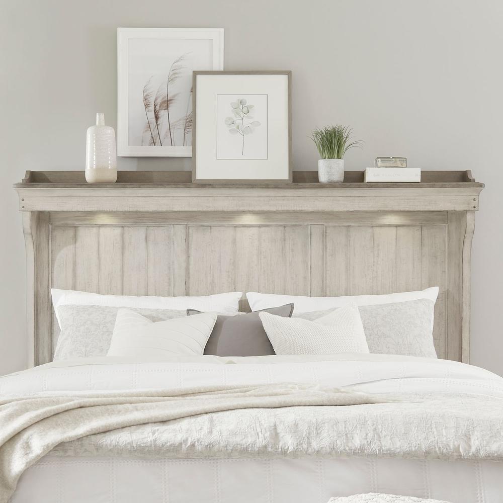 Ivy Hollow King Mantle Bed in Weathered Linen Finish w/ Dusty Taupe Tops