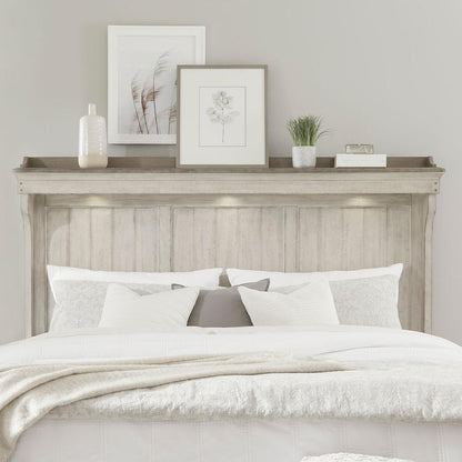 Ivy Hollow King Mantle Bed in Weathered Linen Finish w/ Dusty Taupe Tops