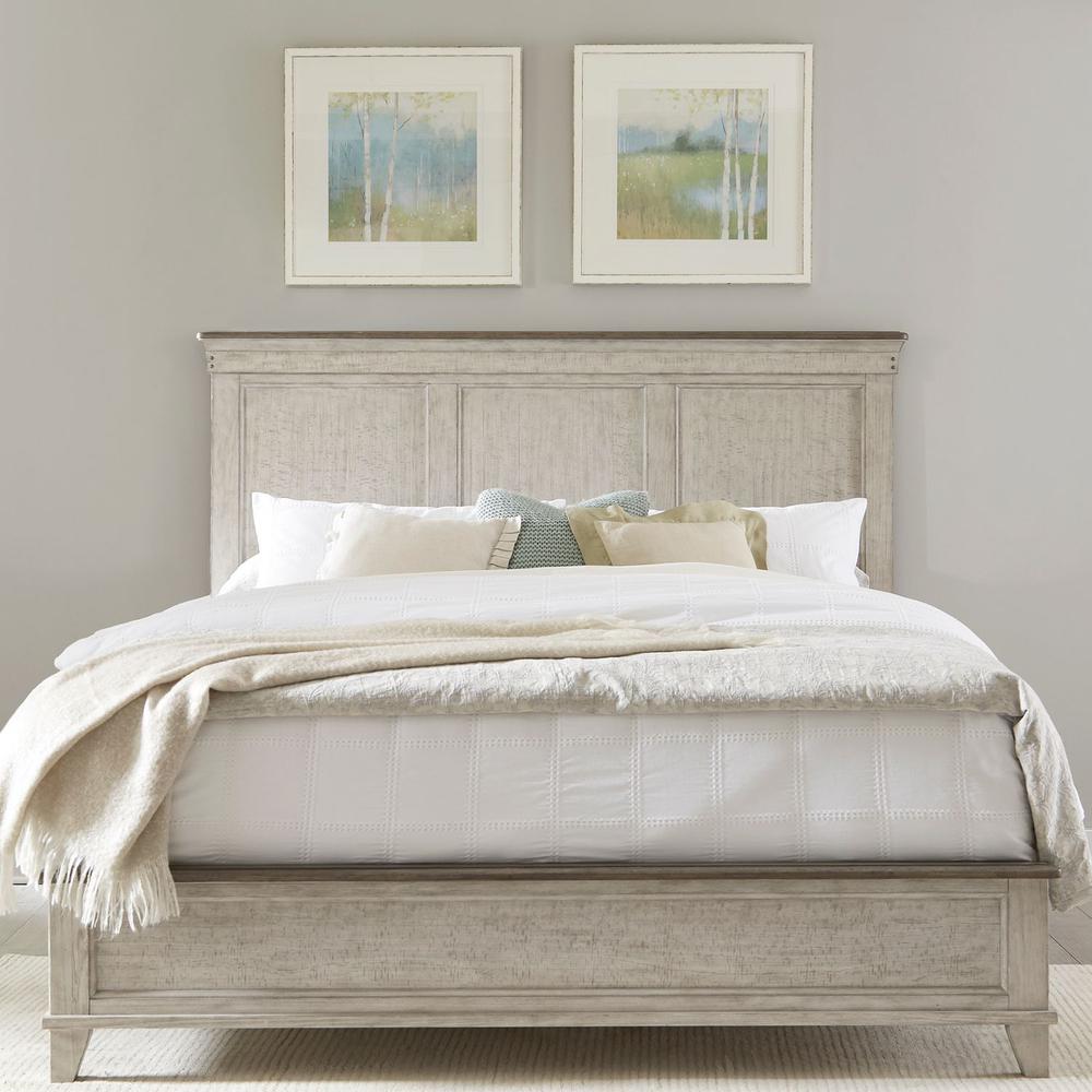 Ivy Hollow King Panel Bed in Weathered Linen Finish w/ Dusty Taupe Tops