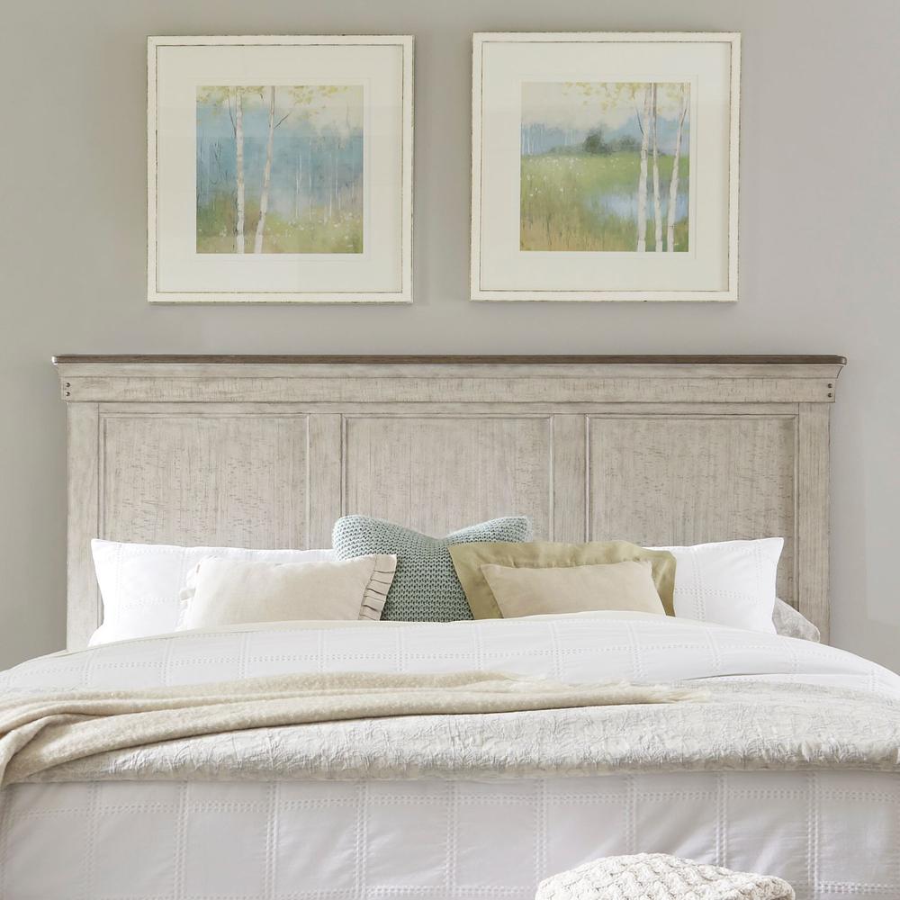 Ivy Hollow King Panel Bed in Weathered Linen Finish w/ Dusty Taupe Tops