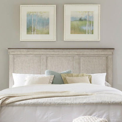 Ivy Hollow King Panel Bed in Weathered Linen Finish w/ Dusty Taupe Tops