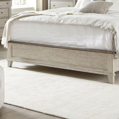 Ivy Hollow King Panel Bed in Weathered Linen Finish w/ Dusty Taupe Tops