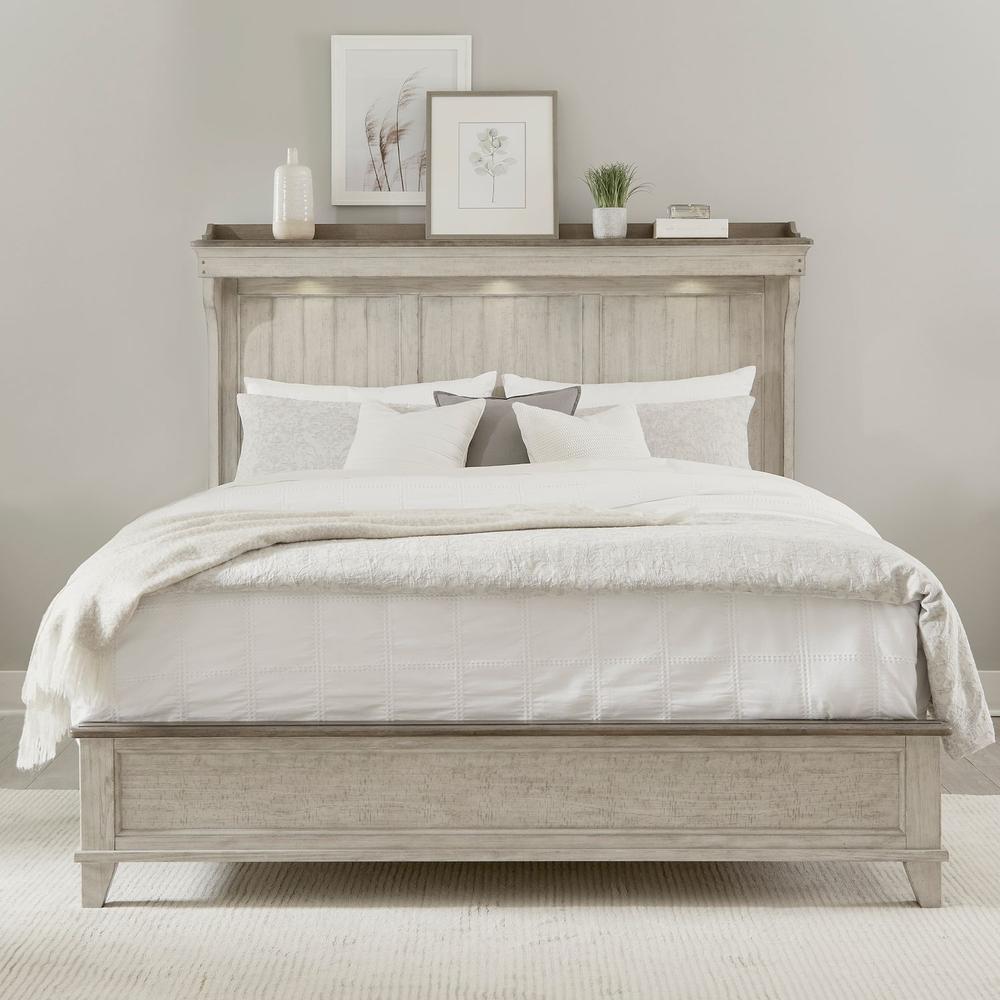 Ivy Hollow Queen Mantle Bed in Weathered Linen Finish w/ Dusty Taupe Tops