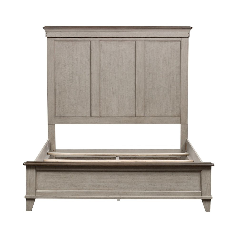 Ivy Hollow Queen Panel Bed in Weathered Linen Finish w/ Dusty Taupe Tops