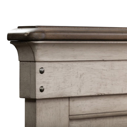 Ivy Hollow Queen Panel Bed in Weathered Linen Finish w/ Dusty Taupe Tops