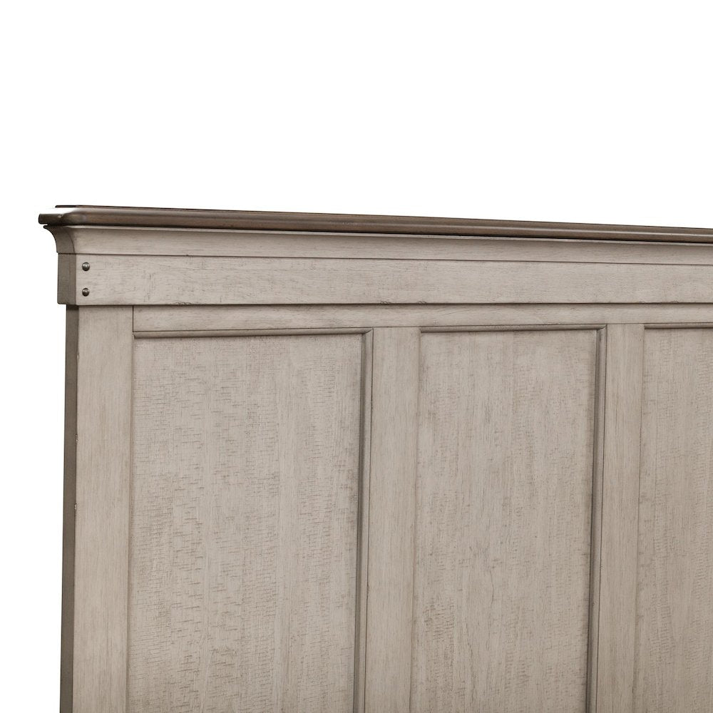 Ivy Hollow Queen Panel Bed in Weathered Linen Finish w/ Dusty Taupe Tops