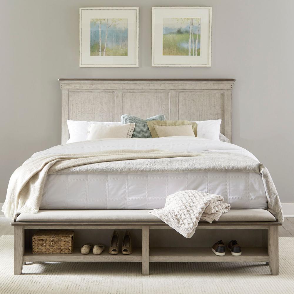 Ivy Hollow Queen Storage Bed in Weathered Linen Finish w/ Dusty Taupe Tops