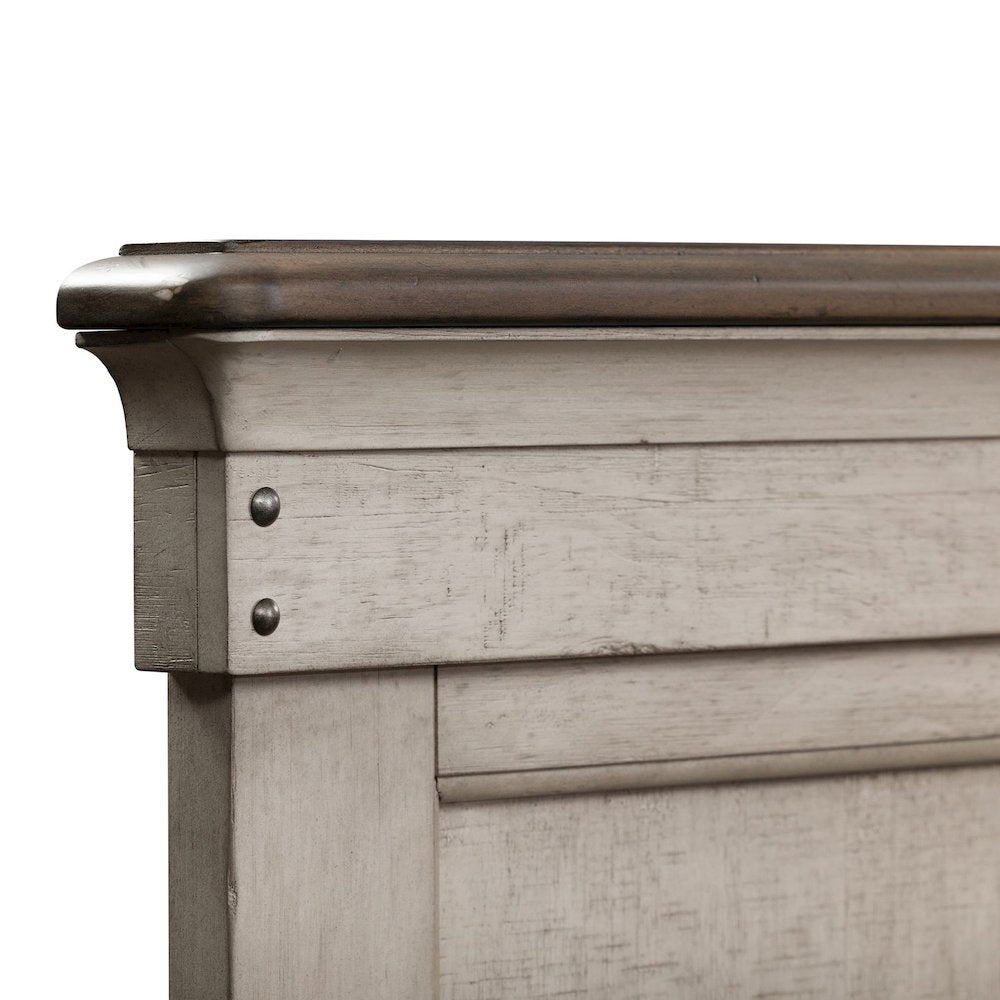 Ivy Hollow Queen Storage Bed in Weathered Linen Finish w/ Dusty Taupe Tops