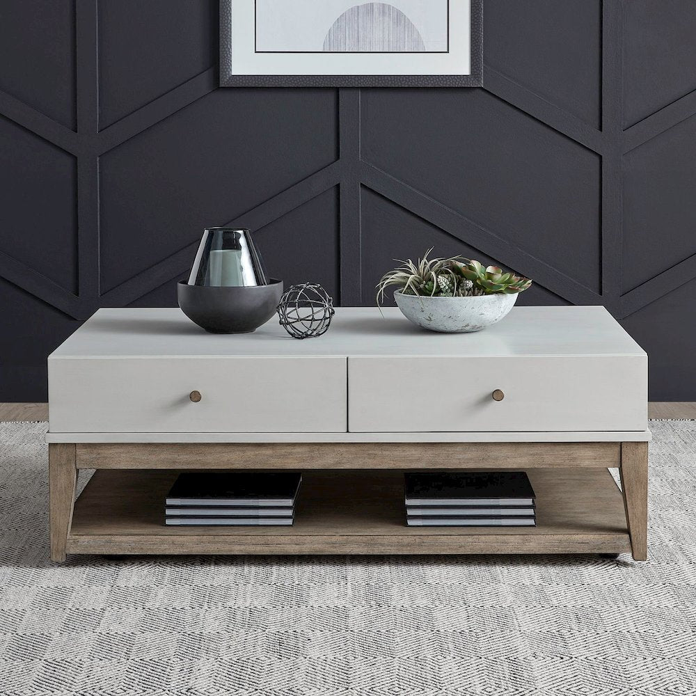 Berkley Rectangular Drawer Cocktail Table - Linen & Khaki Wood Accents