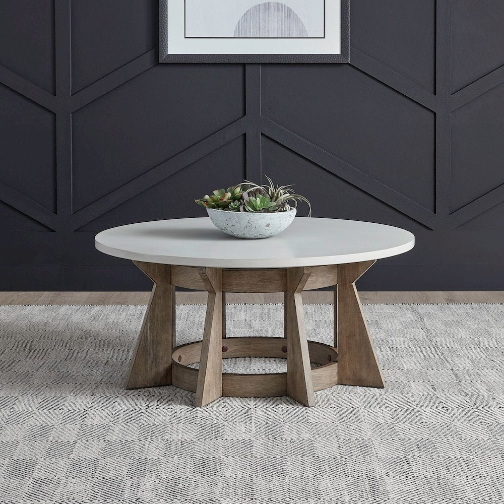 Berkley Round Pedestal Cocktail Table - Linen & Khaki Wood Accents