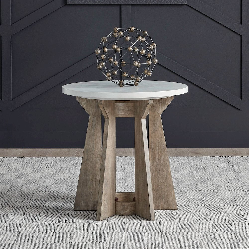 Berkley Round Pedestal End Table - Linen & Khaki Wood Accents