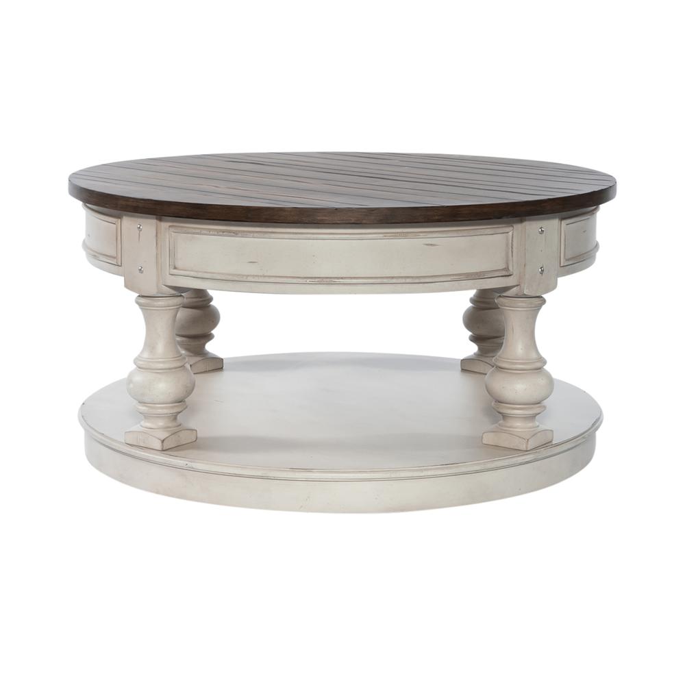 Round Cocktail Table Antique White w/ Wirebrushed Tobacco Accents