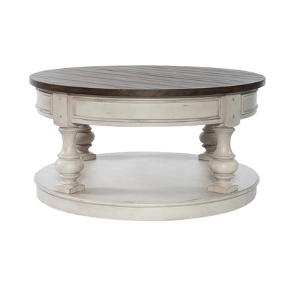 Round Cocktail Table Antique White w/ Wirebrushed Tobacco Accents
