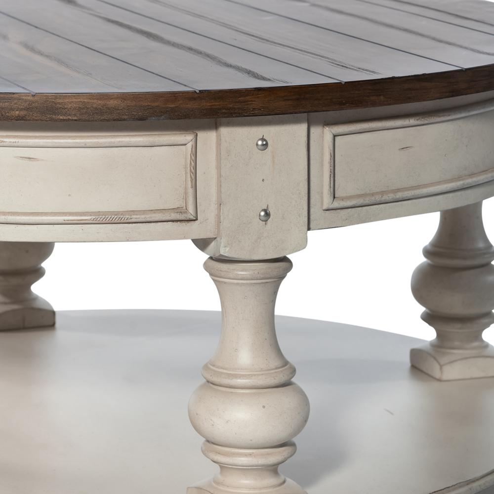 Round Cocktail Table Antique White w/ Wirebrushed Tobacco Accents