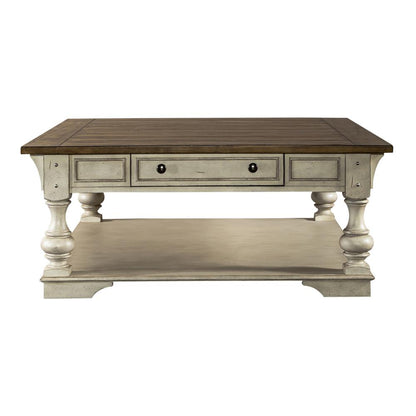 Drawer Square Cocktail Table Antique White w/ Wirebrushed Tobacco Accents