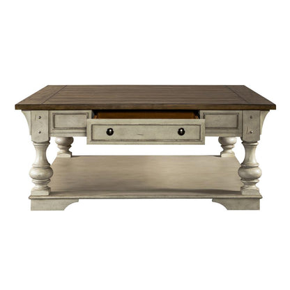 Drawer Square Cocktail Table Antique White w/ Wirebrushed Tobacco Accents