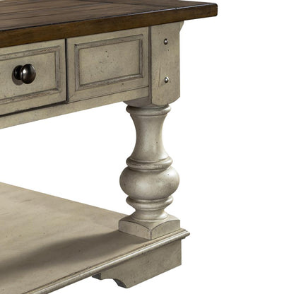 Drawer Square Cocktail Table Antique White w/ Wirebrushed Tobacco Accents