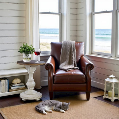 White Accent Table for Entryway with Antique Finish and Round Top