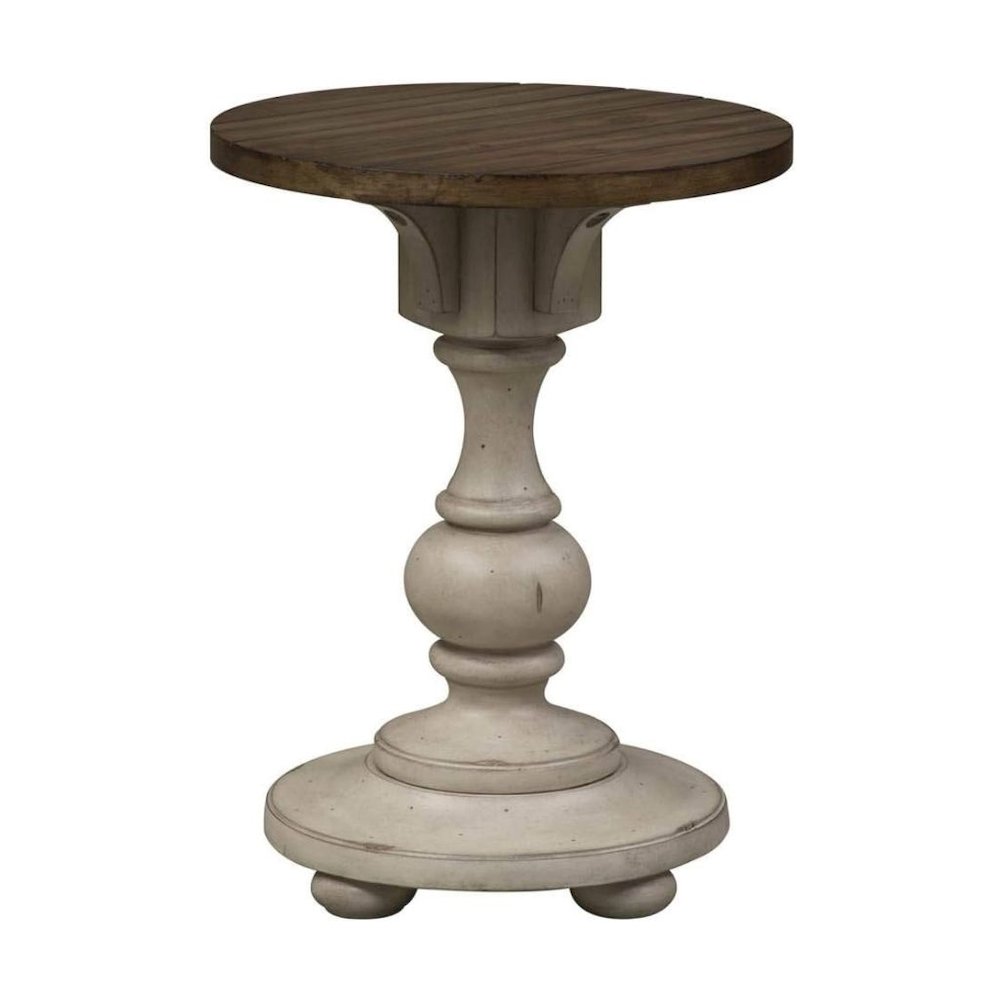 White Accent Table for Entryway with Antique Finish and Round Top