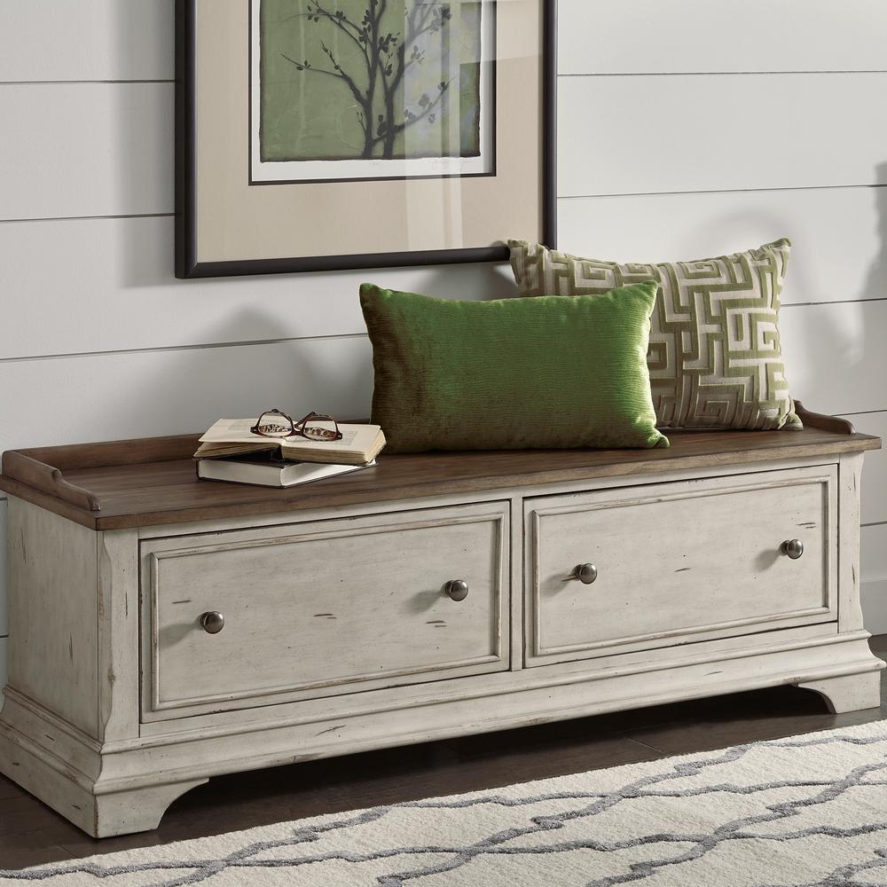 Morgan Creek Storage Hall Bench in Antique White w/ Wirebrushed Tobacco Accents