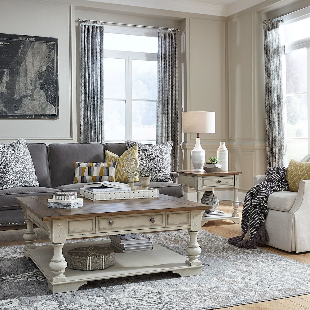 3 PcLiving Room Set - Wood Cocktail Table, 2 End Tables - Antique White Tobacco