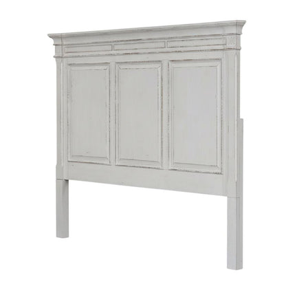 King Panel Headboard Antique White Weathered Brown Solid Wood Traditional Design