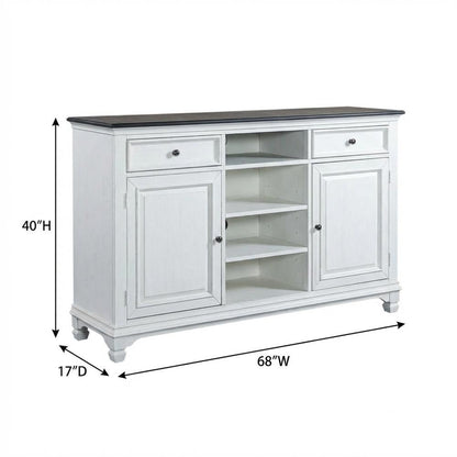 White Wirebrushed Highboy TV Console with Charcoal Top in Cottage Style