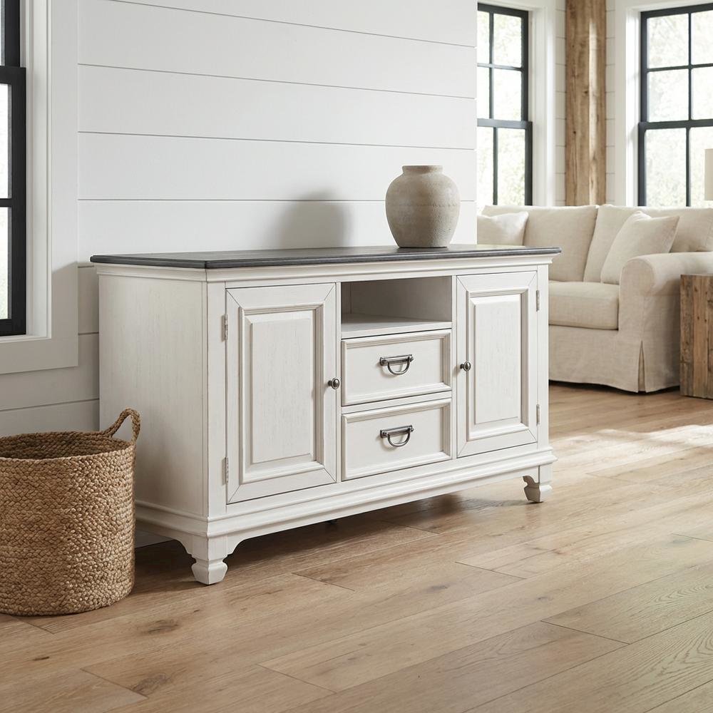 White Wirebrushed TV Console with Charcoal Top in Cottage Style