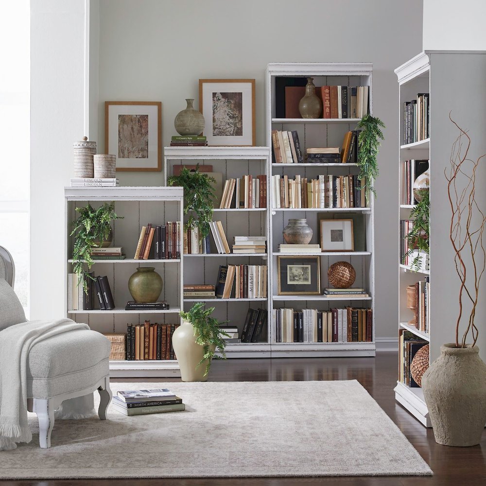 Magnolia Manor Stepped Bookcase Wall - Antique White & Weathered Bark