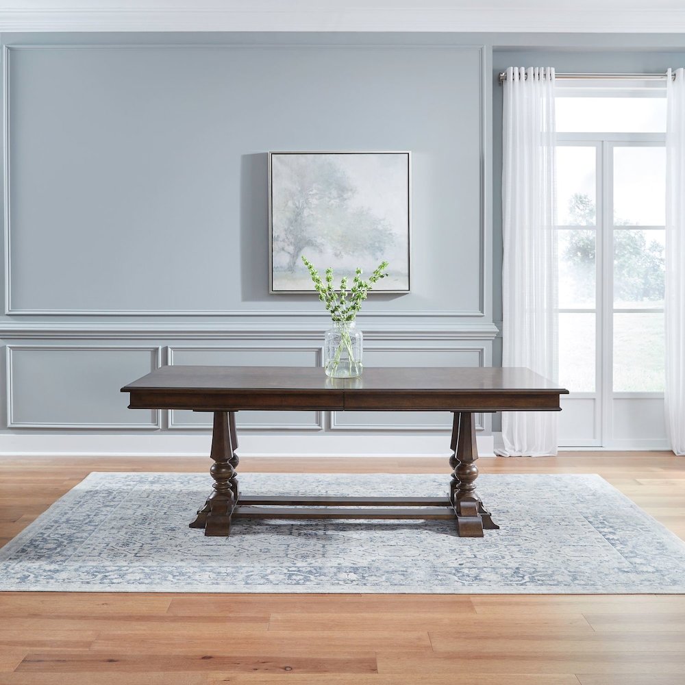 Arden Road Opt 7 Piece Trestle Table Set - 6 Upholstered Chairs - Satin Cherry