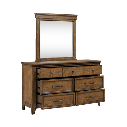 Queen Panel Bed, Dresser & Mirror Bedroom Furniture Set - Amber Brown
