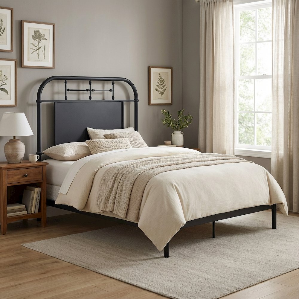 Distressed Metal Twin Headboard with Vintage Design and Metal Tube Frame
