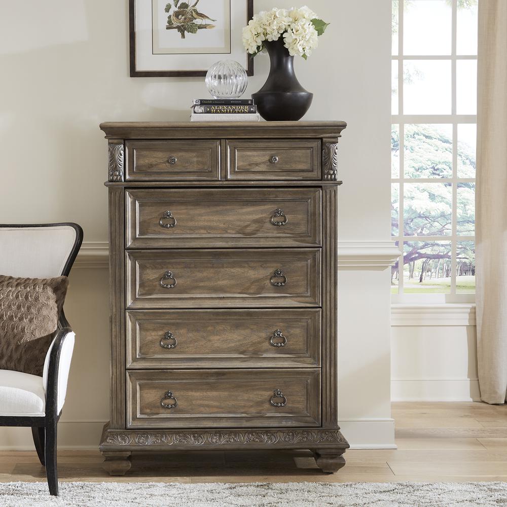 5 Drawer Chest Traditional Brown in Chestnut Finish w/ Dusty Wax