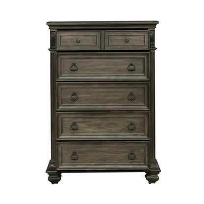 5 Drawer Chest Traditional Brown in Chestnut Finish w/ Dusty Wax